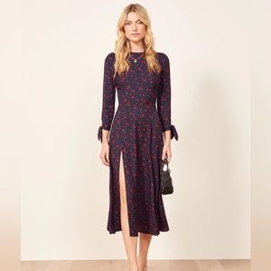 Reformation Zelda Midi Dress, Long Sleeve, High Slit, Keyhole Back